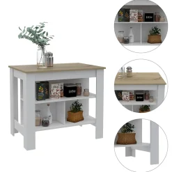 Ilot de cuisine Cala en mélaminé avec trois étagères , 89.99 cm X 102.99 cm X 69.97 cm , White / Duna