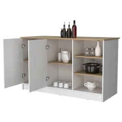 Ilot de cuisine Ginger en mélaminé avec 7 étagères et 2 portes, multicolore, 90.6 cm X 150 cm X 67 cm