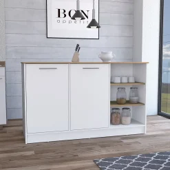 Ilot de cuisine Ginger en mélaminé avec 7 étagères et 2 portes, multicolore, 90.6 cm X 150 cm X 67 cm