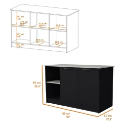 Ilot de cuisine Juniper en mélaminé avec deux portes et 3 étagères , 90 cm X 150 cm X 64 cm , Black / Ibiza