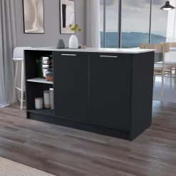 Ilot de cuisine Juniper en mélaminé avec deux portes et 3 étagères , 90 cm X 150 cm X 64 cm , Black / Ibiza