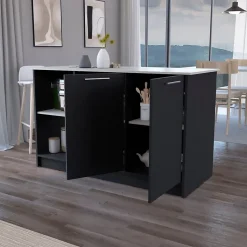 Ilot de cuisine Juniper en mélaminé avec deux portes et 3 étagères , 90 cm X 150 cm X 64 cm , Black / Ibiza