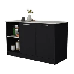 Ilot de cuisine Juniper en mélaminé avec deux portes et 3 étagères , 90 cm X 150 cm X 64 cm , Black / Ibiza