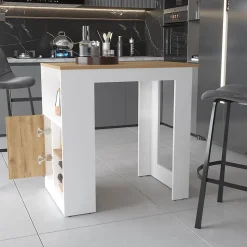 Ilot de cuisine Oviedo en mélaminé avec mini armoire 1 porte et étagères latérales , 91.28 cm X 91.99 cm X 59 cm , Multicolore