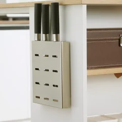 Ilot de cuisine table de bar - 3 étagères, porte-couteaux acier inox. - blanc aspect chêne clair