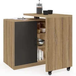 Ilot rotatif POLO meuble de bar pivotant 2 en 1 imitation hêtre porte noire