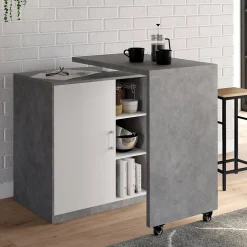 Ilot rotatif POLO meuble de bar pivotant 2 en 1 imitation béton porte blanche