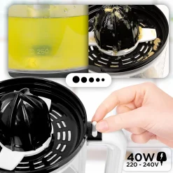 JE416 Presse agrumes 40W Capacité 1,6 litre Filtre réglable pour la pulpe Jus oranges citrons agrume frais Duronic