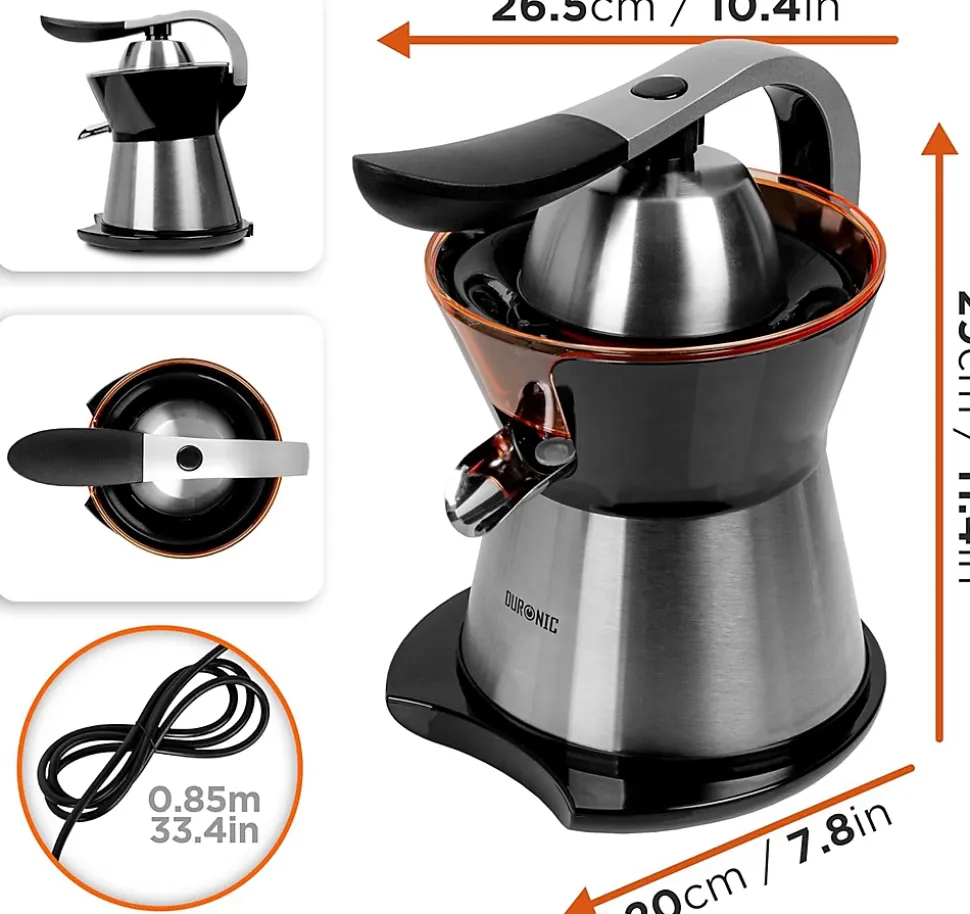 JE304 Presse agrumes 300W Capacité 400 ml Filtre réglable Poignée en aluminium Jus oranges citrons agrume frais Duronic