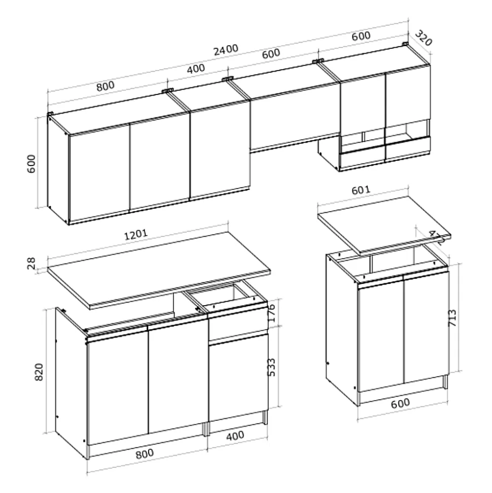 Katarina LUX 2,4 m, ensemble de meubles de cuisine à assembler, blanc et chêne (KSETKATARINAO)