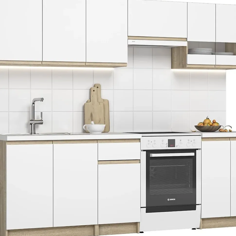 Katarina LUX 2,4 m, ensemble de meubles de cuisine à assembler, blanc et chêne (KSETKATARINAO)