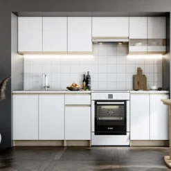 Katarina LUX 2,4 m, ensemble de meubles de cuisine à assembler, blanc et chêne (KSETKATARINAO)