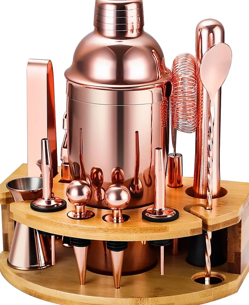 Kit Cocktail 12 Pièces en Acier Inoxydable et Bambou rose