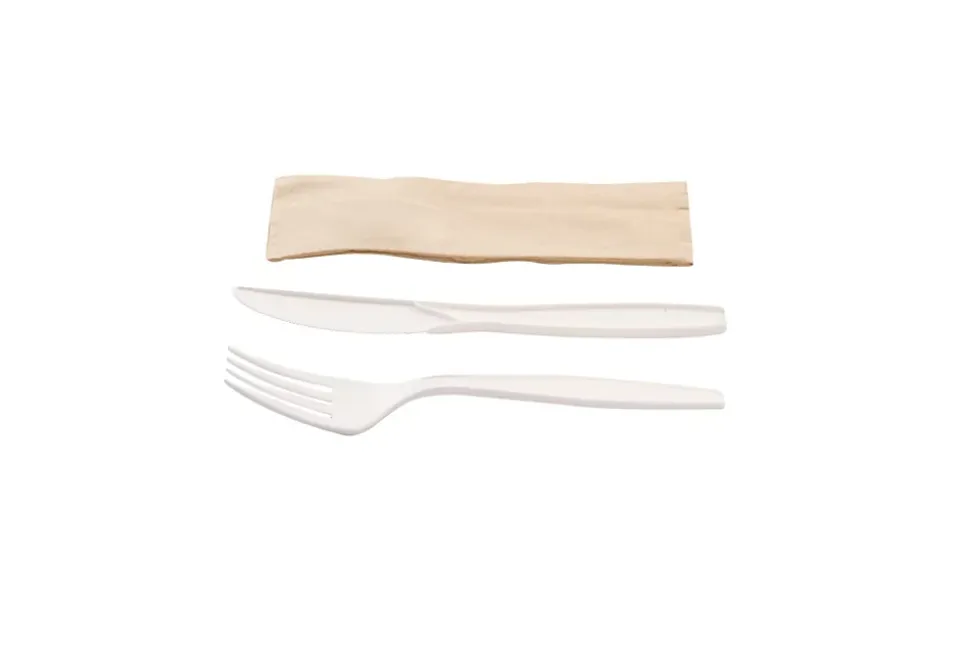 Kit couverts blanc 3 en 1 en maïs : couteau + fourchette + serviette kraft - 500 unités - Betik