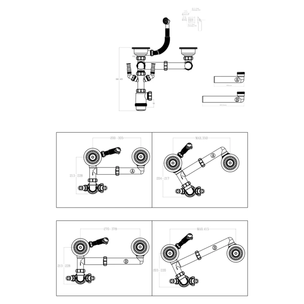 Kit de vidage B manuel évier avec panier acier inoxydable 1,5 ou 2 bacs