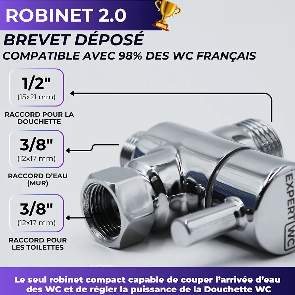 Kit Douchette WC avec Robinet 3 voies (Brevet Déposé) - Marque Française - Qualité supérieure - Expert WC