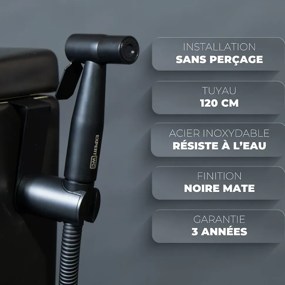 Kit Douchette WC Noir avec Robinet 3 voies (Brevet Déposé) - Marque Française - Qualité supérieure - Uranus Expert WC