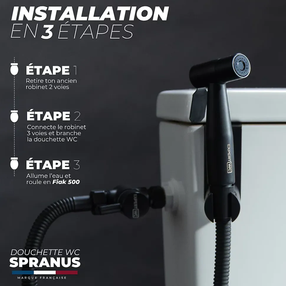 Kit Douchette WC Noir avec Robinet 3 voies (Brevet Déposé) - Marque Française - Qualité supérieure - Uranus Expert WC