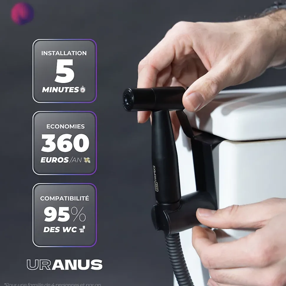 Kit Douchette WC Noir avec Robinet 3 voies (Brevet Déposé) - Marque Française - Qualité supérieure - Uranus Expert WC