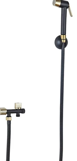 Kit hygiène WC avec douchette 2 jets + flexible + support mural + robinet alimentation, noir/doré brossé, MTK Harmonie