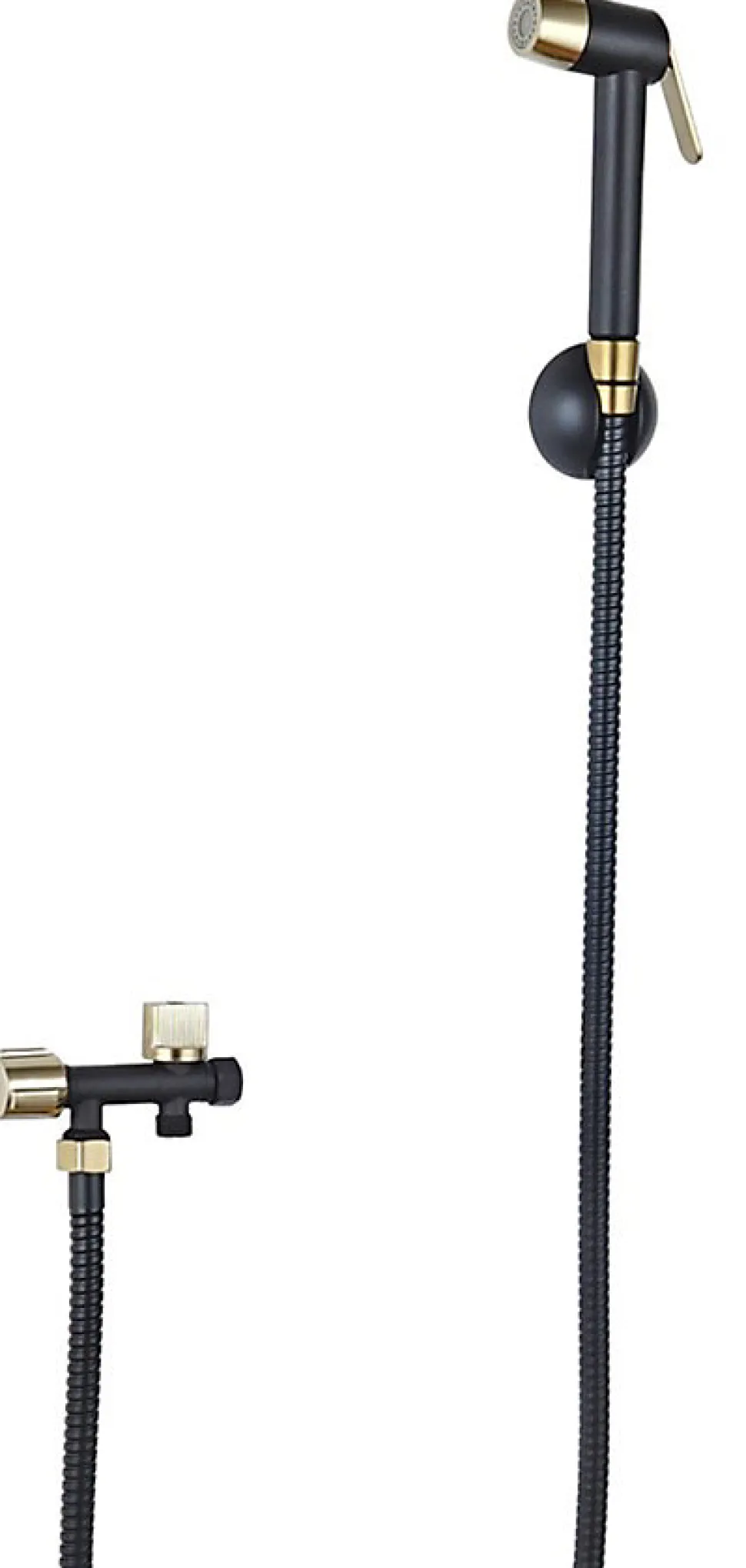 Kit hygiène WC avec douchette 2 jets + flexible + support mural + robinet alimentation, noir/doré brossé, MTK Harmonie