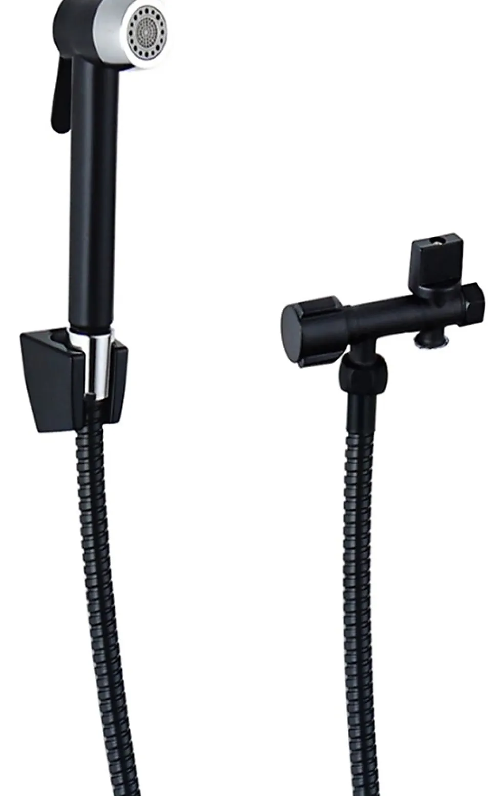 Kit hygiène WC avec douchette 2 jets + flexible + support mural + robinet alimentation, noir/chrome, MTK Harmonie