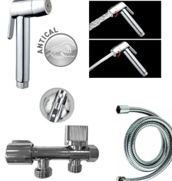 Kit hygiène WC avec douchette 2 jets + flexible + support mural + robinet alimentation, chrome, MTK Harmonie