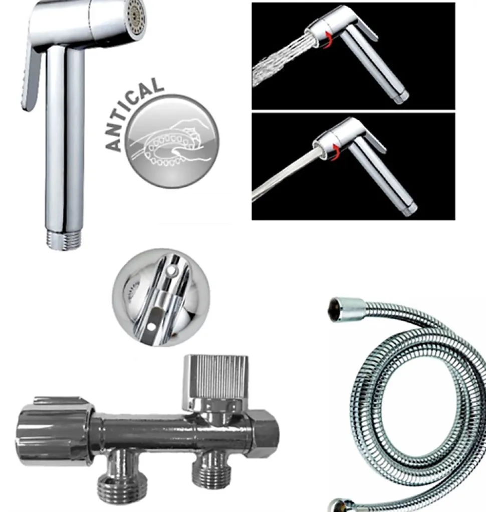 Kit hygiène WC avec douchette 2 jets + flexible + support mural + robinet alimentation, chrome, MTK Harmonie