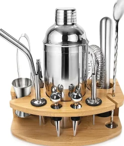Kit Shaker Cocktail 13 Pièces avec Support en Bois