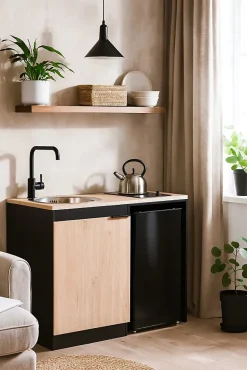 Kitchenette complète vitrocéramique noir et chêne H.94,5 x l.120 cm