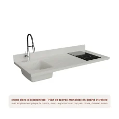 Kitchenette K13 - 140 cm - façades Bois - Plan monobloc en quartz coloris Snova évier à gauche - Electroménager Inox