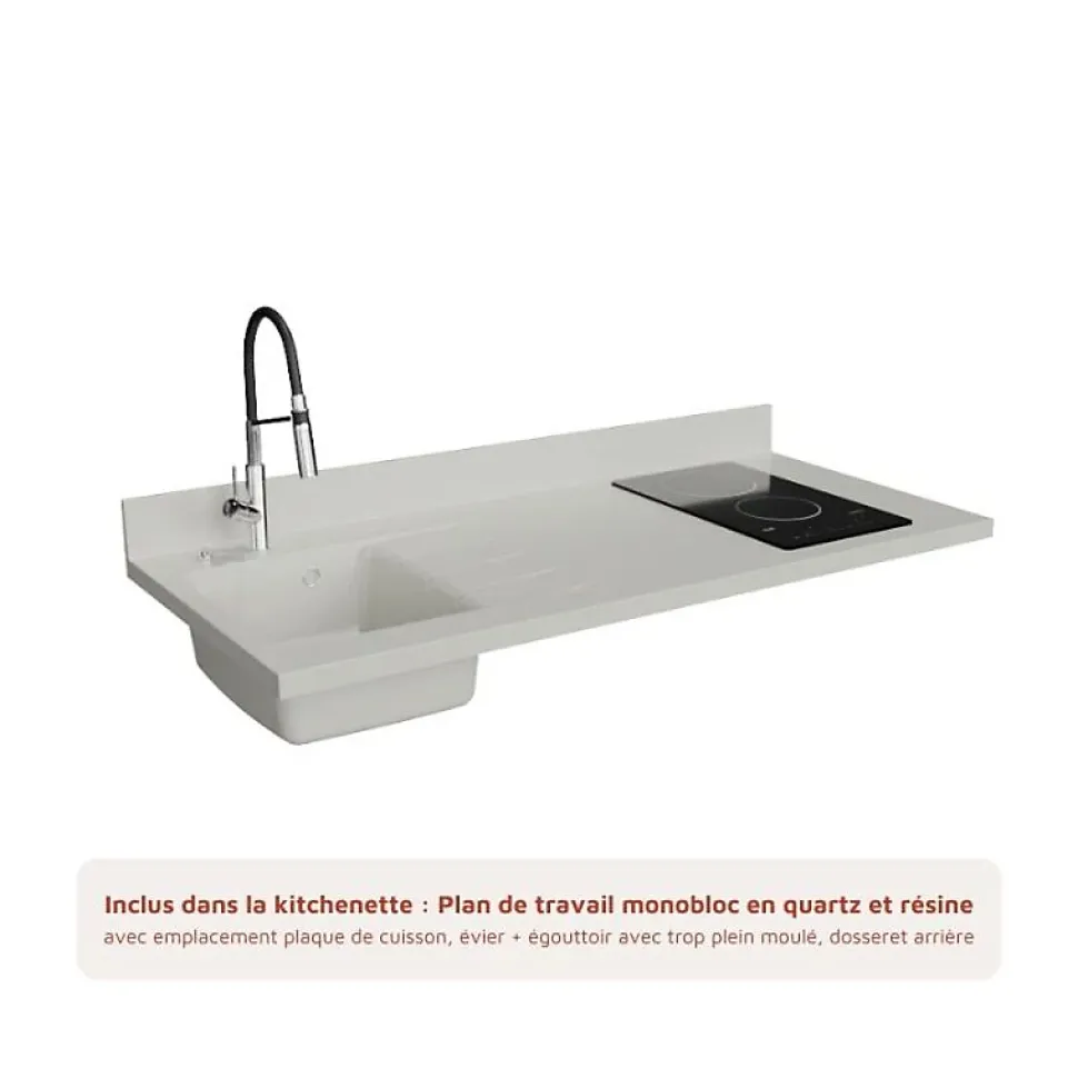 Kitchenette K13 - 140 cm - façades Bois - Plan monobloc en quartz coloris Snova évier à gauche - Electroménager Inox
