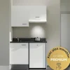 Kitchenette K01 - 120 cm - façades Blanc - Plan monobloc en quartz coloris Nero évier à gauche