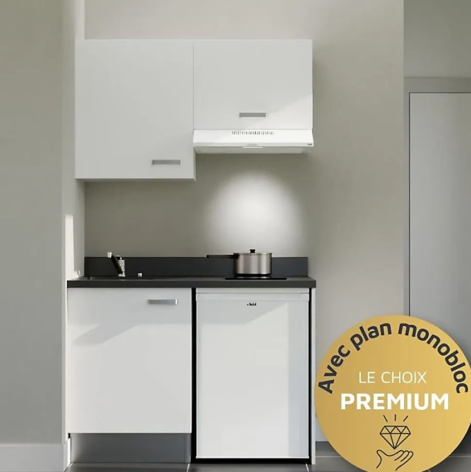 Kitchenette K01 - 120 cm - façades Blanc - Plan monobloc en quartz coloris Nero évier à gauche