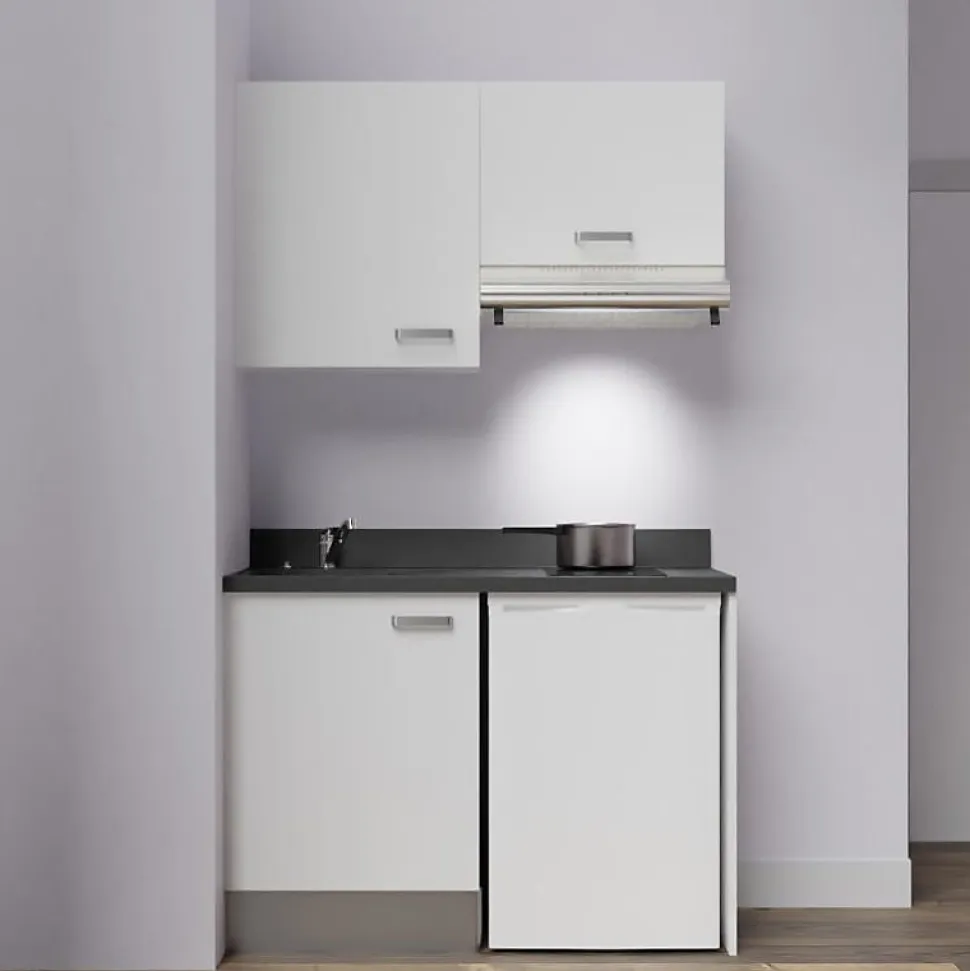 Kitchenette K01 - 120 cm - façades Blanc - Plan monobloc en quartz coloris Nero évier à gauche