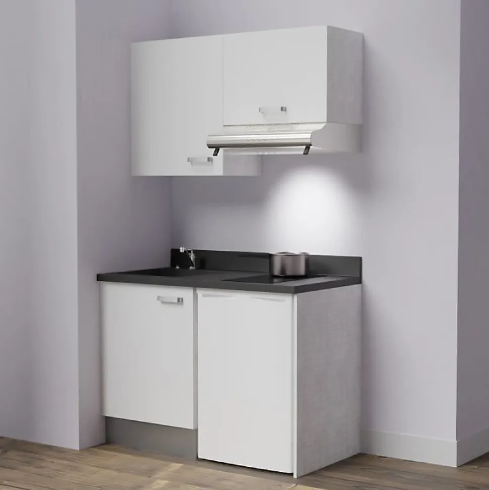 Kitchenette K01 - 120 cm - façades Blanc - Plan monobloc en quartz coloris Nero évier à gauche
