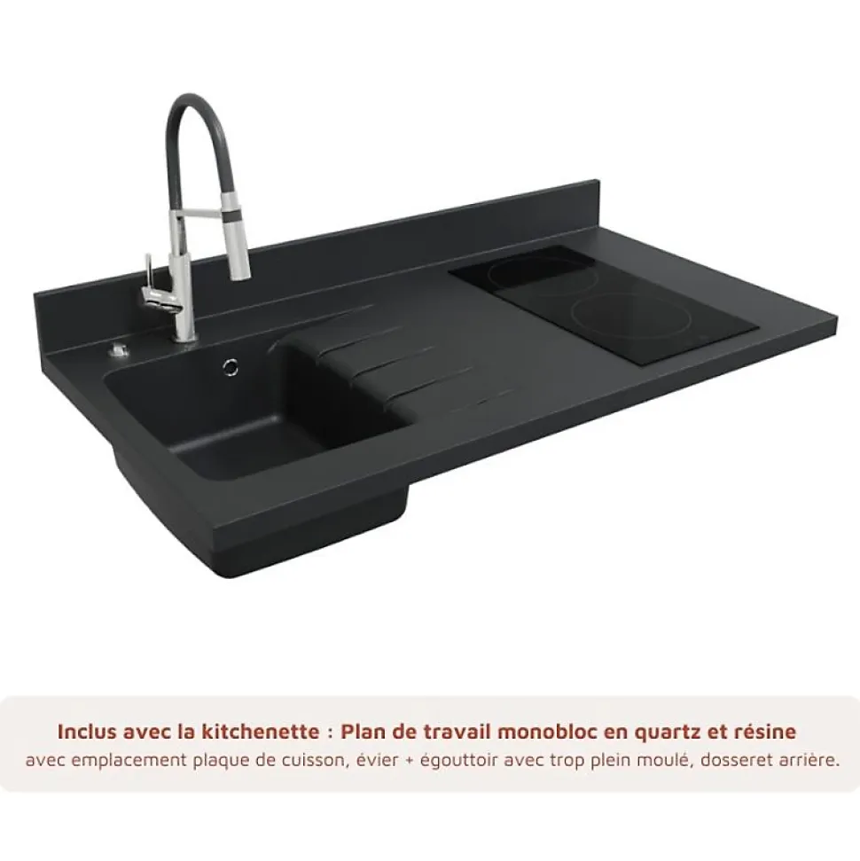 Kitchenette K01 - 120 cm - façades Blanc - Plan monobloc en quartz coloris Nero évier à gauche