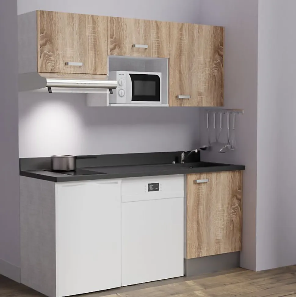 Kitchenette K55 - 180 cm - façades Bois - Plan monobloc en quartz coloris Nero évier à droite