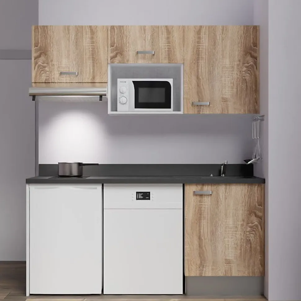 Kitchenette K55 - 180 cm - façades Bois - Plan monobloc en quartz coloris Nero évier à droite