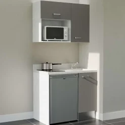Kitchenette K00 - 100 cm - façades Gris - Plan monobloc en quartz coloris Snova évier à droite - Electroménager Inox