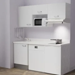 Kitchenette K55 - 180 cm - façades Blanc - Plan monobloc en quartz coloris Snova évier à gauche