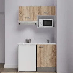 Kitchenette K02 - 120 cm - Façades : Bois - Plan de travail : Blanc - Crédences : Non - Evier Gris