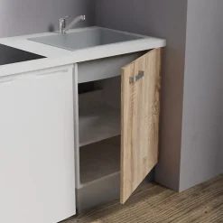Kitchenette K02 - 120 cm - Façades : Bois - Plan de travail : Blanc - Crédences : Non - Evier Gris