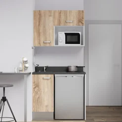 Kitchenette K00 - 100 cm - façades Bois - Plan monobloc en quartz coloris Nero évier à gauche