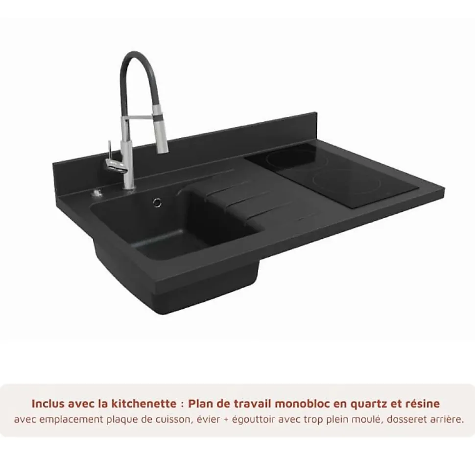 Kitchenette K00 - 100 cm - façades Bois - Plan monobloc en quartz coloris Nero évier à gauche