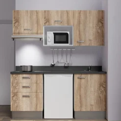Kitchenette K20 - 180 cm - façades Bois - Plan monobloc en quartz coloris Nero évier à droite