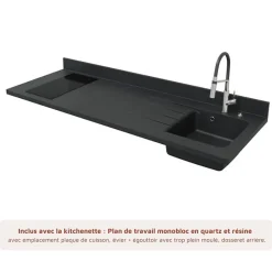 Kitchenette K20 - 180 cm - façades Bois - Plan monobloc en quartz coloris Nero évier à droite