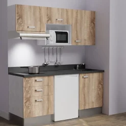 Kitchenette K20 - 180 cm - façades Bois - Plan monobloc en quartz coloris Nero évier à droite