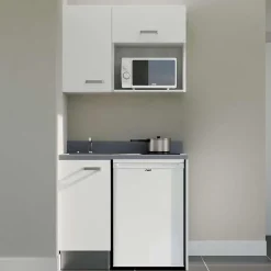 Kitchenette K00 - 100 cm - façades Blanc - Plan monobloc en quartz coloris Cromo évier à gauche - Electroménager Blanc