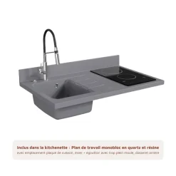 Kitchenette K00 - 100 cm - façades Blanc - Plan monobloc en quartz coloris Cromo évier à gauche - Electroménager Blanc
